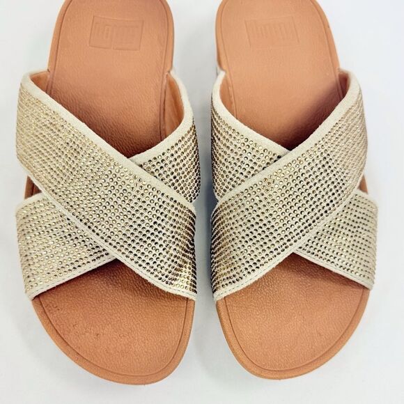 FitFlop RITZY Gold Metallic Sparkle Crisscross Orthotic Slide Sandals - Picture 11 of 16